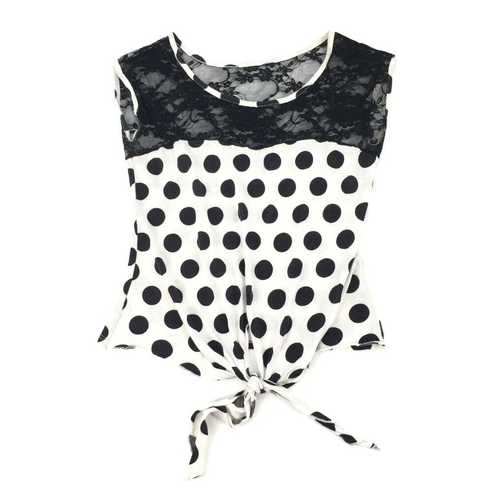 Dots Polka Dot Print Lace Tie Front Crop Top Size Small Sleeveless Black White S